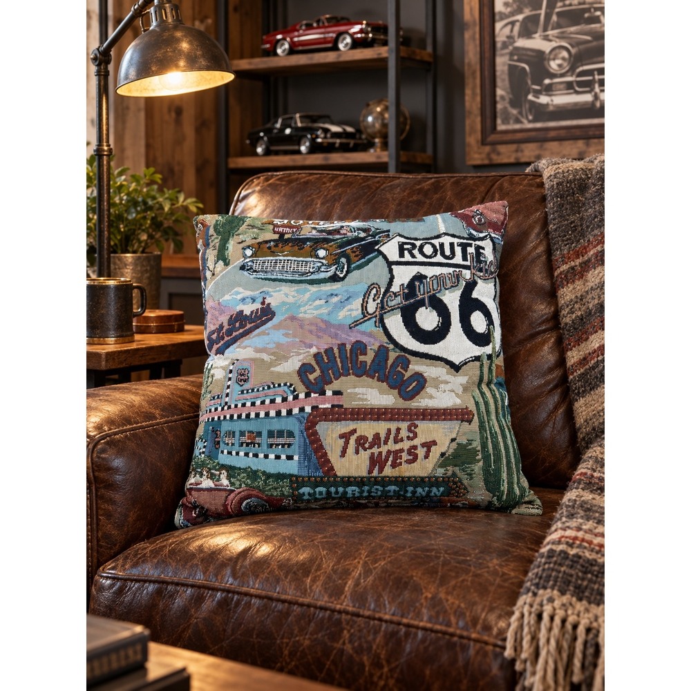 Vintage Route 66 Tapestry Throw Pillow Chicago St Louis Americana Decor 15x15